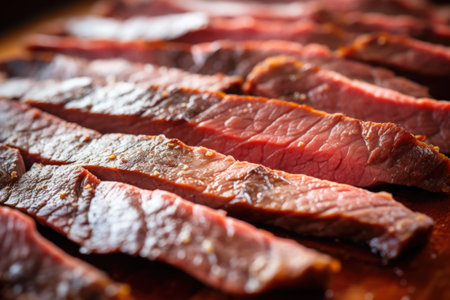 close-up of thick-cut brisket slices, created with generative aiの素材