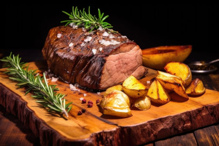 succulent beef roast accompanied by rosemary branches and garlic on a board, created with generative aiの素材