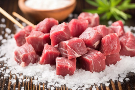 raw skewered beef cubes with a sprinkle of sea salt, created with generative aiの素材