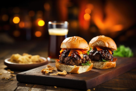dark ale with bbq bacon cheeseburger sliders, created with generative aiの素材