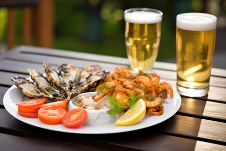 crisp pilsner beside a bbq seafood platter on a patio table, created with generative aiの素材