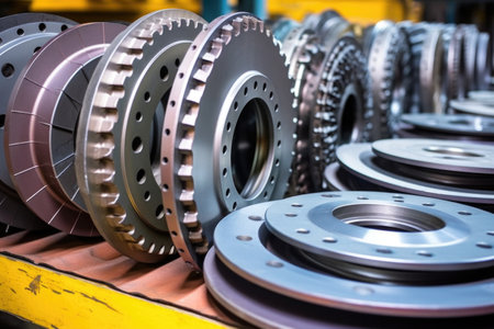 variety of brake rotors lined up, created with generative aiの素材