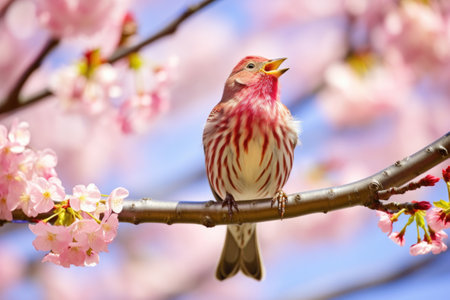 a finch singing from a blossoming cherry tree, created with generative aiの素材