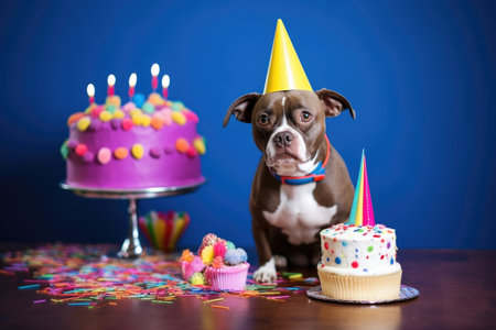 a pet wearing a party hat beside a birthday cake, created with generative aiの素材