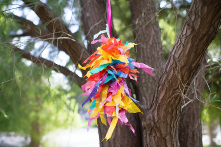 a bright multi-colored pinata hanging from a tree branch, created with generative aiの素材