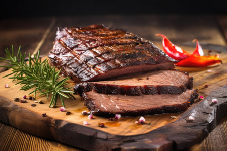 bbq brisket slices on a board with a burned edge, created with generative aiの素材