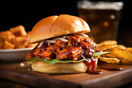 bourbon bbq chicken sandwich on a slate, created with generative aiの素材