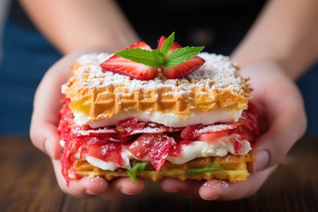 hand a waffle sandwich filled with strawberry and cream, created with generative aiの素材