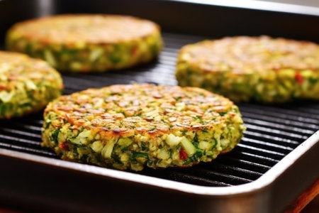 hearty chickpea and couscous veggie burger patty flip on griddle, created with generative aiの素材