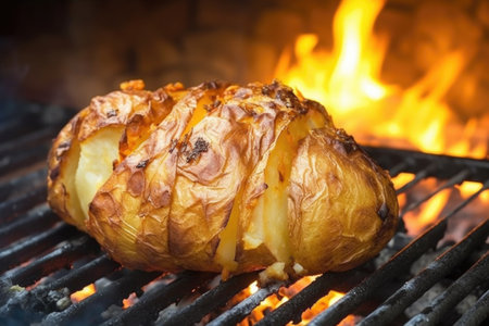close-up of a potato roasting inside a hot fire, created with generative aiの素材