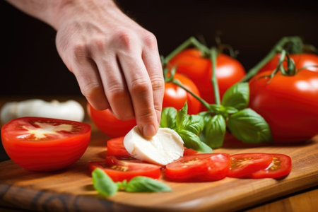 hand placing a slice of ripe tomato on mozzarella, created with generative aiの素材
