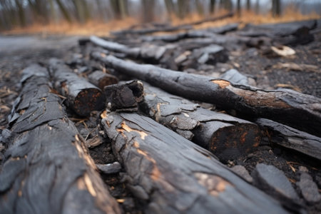 charred wood pieces, aftermath of a forest fire, created with generative aiの素材