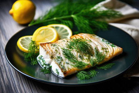 pan-seared fish with lemon and dill, created with generative aiの素材