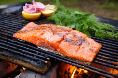 cedar plank with raw salmon fillet on grill, created with generative aiの素材