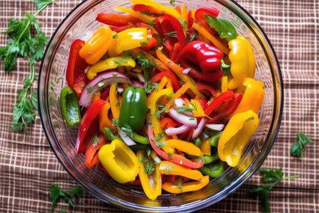 overhead shot of mixed charred bell peppers in a glass dish, created with generative aiの素材