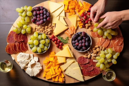 assembling a cheese platter, hand placing last piece, created with generative aiの素材