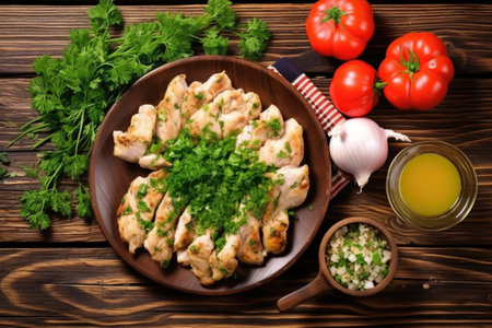overhead shot of chicken skewers with parsley on a wooden table, created with generative aiの素材