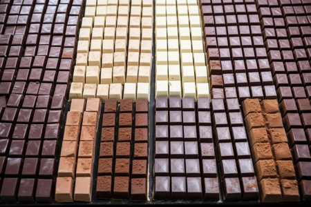 rows of finished chocolate bars perfectly aligned, created with generative aiの素材