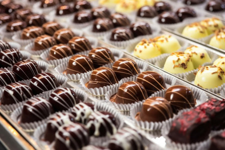 freshly dipped chocolates on setting trays, created with generative aiの素材
