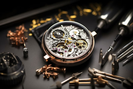 a chronograph being assembled on a black velvet cloth, created with generative aiの素材