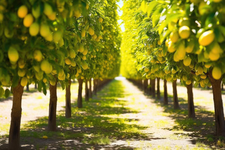 rows of lemon trees in bright sunlight, created with generative aiの素材