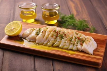 fish fillet with marinade on a wooden serving tray, created with generative aiの素材