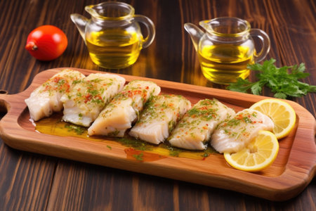 fish fillet with marinade on a wooden serving tray, created with generative aiの素材