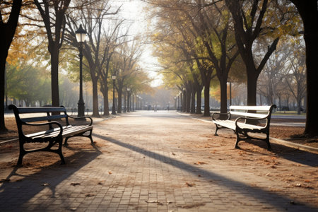 empty benches in a historic landmark park, created with generative aiの素材