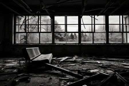 a b&w shot of an abandoned school building, created with generative aiの素材