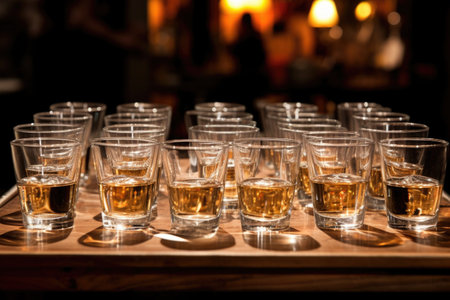 filled glasses arranged for a toast at an evening gathering, created with generative aiの素材