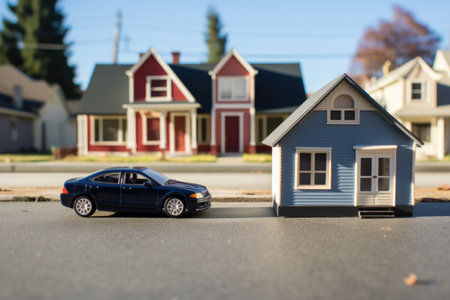 pair of miniatures houses with similar cars parked, created with generative aiの素材
