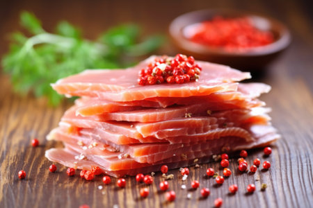 stack of smoked salmon slices with pink peppercorns, created with generative aiの素材