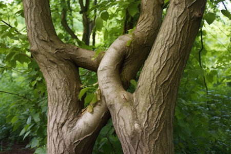 three twisted tree trunks intertwined together, created with generative aiの素材