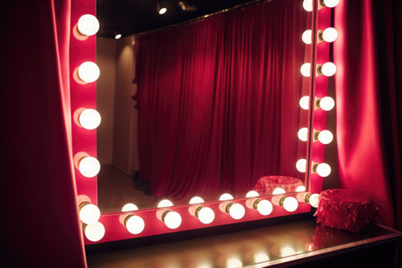 close-up of a dressing-rooms lighted mirror, created with generative aiの素材