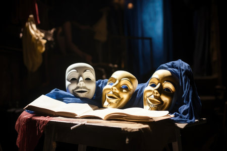 theatre masks resting on a script, created with generative aiの素材