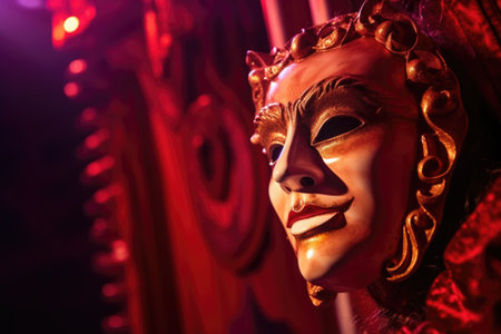 detail of a theatrical mask lit by stage lights, created with generative aiの素材