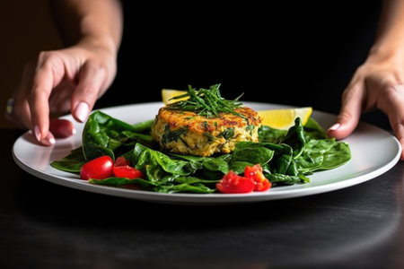 hand inserting leafy greens under a crab cake on a plate, created with generative aiの素材
