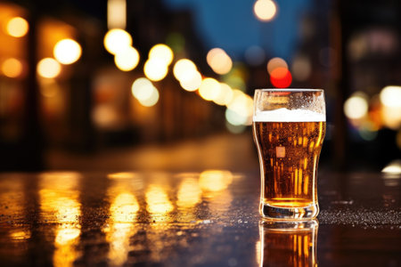 bright city lights reflecting off a cold glass of beer, created with generative aiの素材