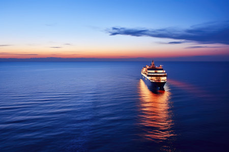 illuminated cruise ship cruising the open sea at twilight, created with generative aiの素材