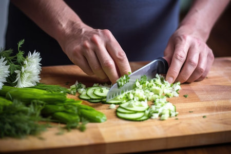 hand slicing fresh cucumbers on a board, created with generative aiの素材
