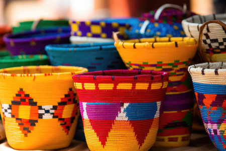brightly colored handmade baskets from diverse cultures, created with generative aiの素材