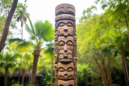 polynesian carved totem pole against tree-lined backdrop, created with generative aiの素材