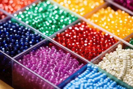 close shot of an unattended bead board with colorful beads, created with generative aiの素材