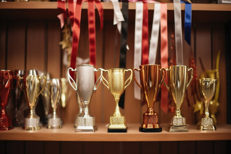 a set of dance trophies with ribbons on a shelf, created with generative aiの素材