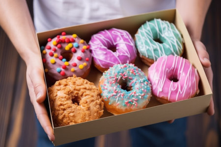 hand holding a box of assorted donuts with colorful icing, created with generative aiの素材