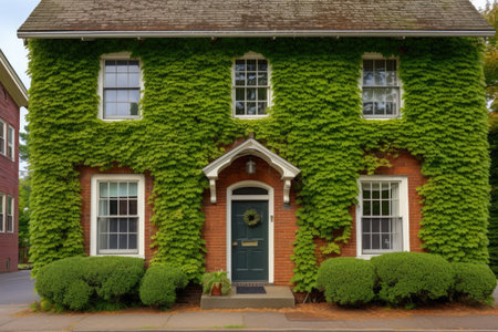 ivy creeping on the red-brick exterior of a dutch colonial building, created with generative aiの素材