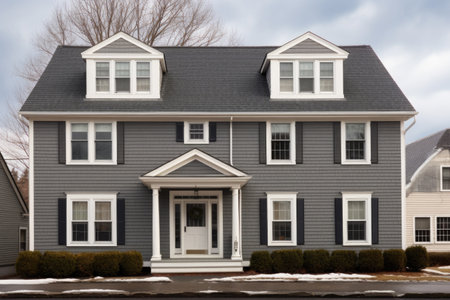dutch colonial facade with enhanced dormer windows under gray sky, created with generative aiの素材