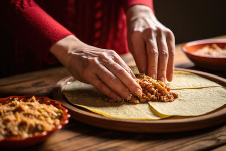 womans hand spreading refried beans on tortilla for enchilada, created with generative aiの素材