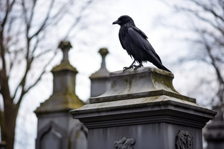 a lone raven sitting on a stone monument in a cemetery, created with generative aiの素材