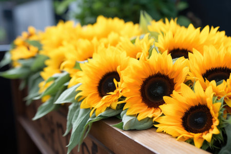 close up of a bunch of sunflowers on a wooden coffin, created with generative aiの素材